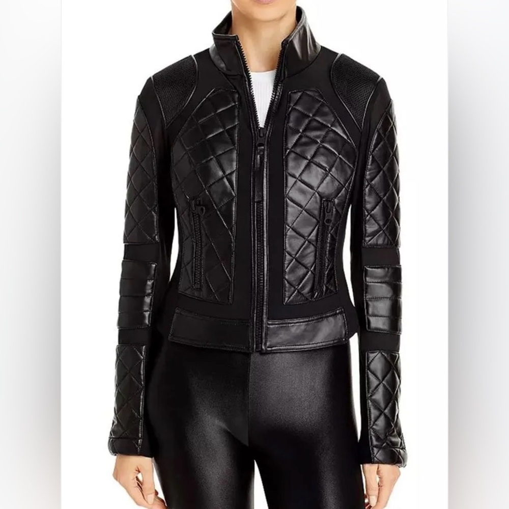 Blanc Noir | Quilted Genuine Leather Mesh Moto Jacket | Black | Small | Like New